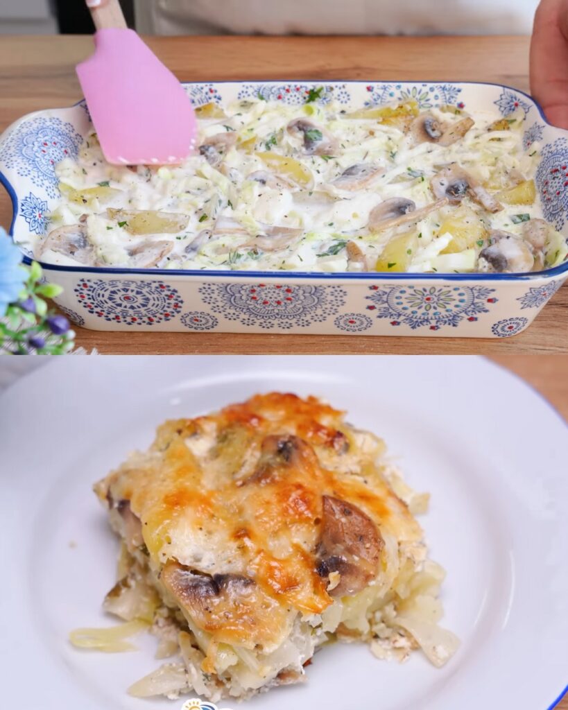 Creamy Cabbage Bake with Potatoes, Mushrooms, and Parmesan finished dish
