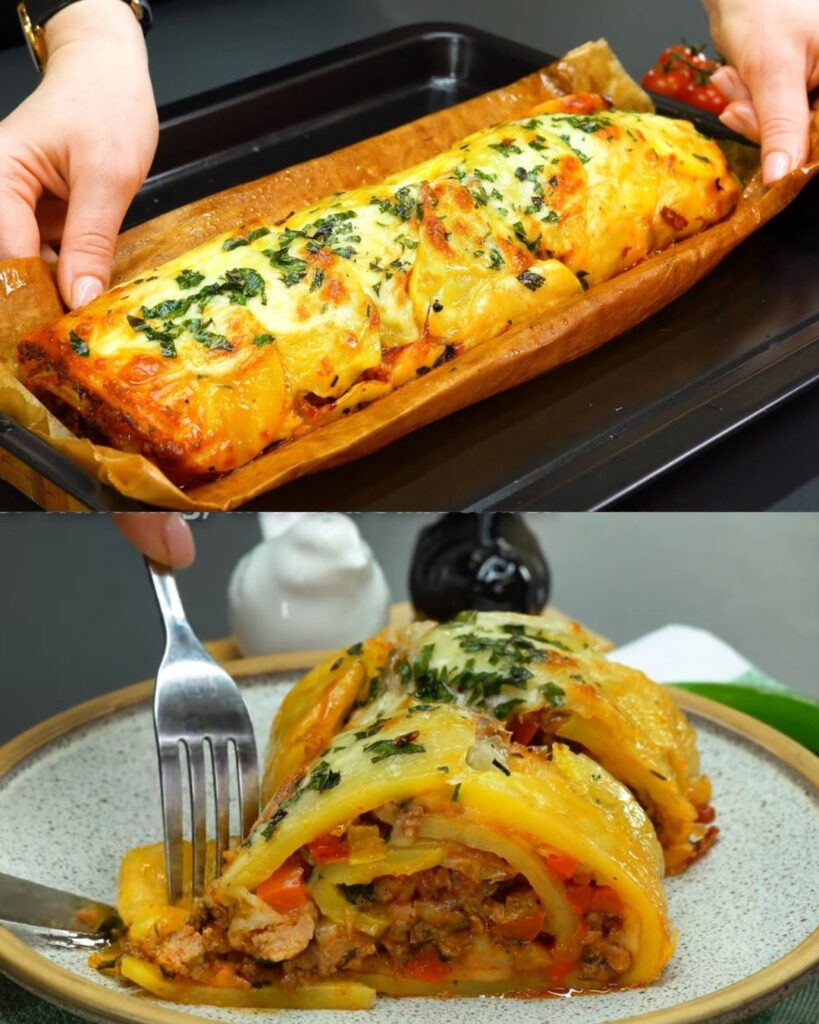 Baked Rolled Potato and Meat Casserole with Mozzarella & Herbs