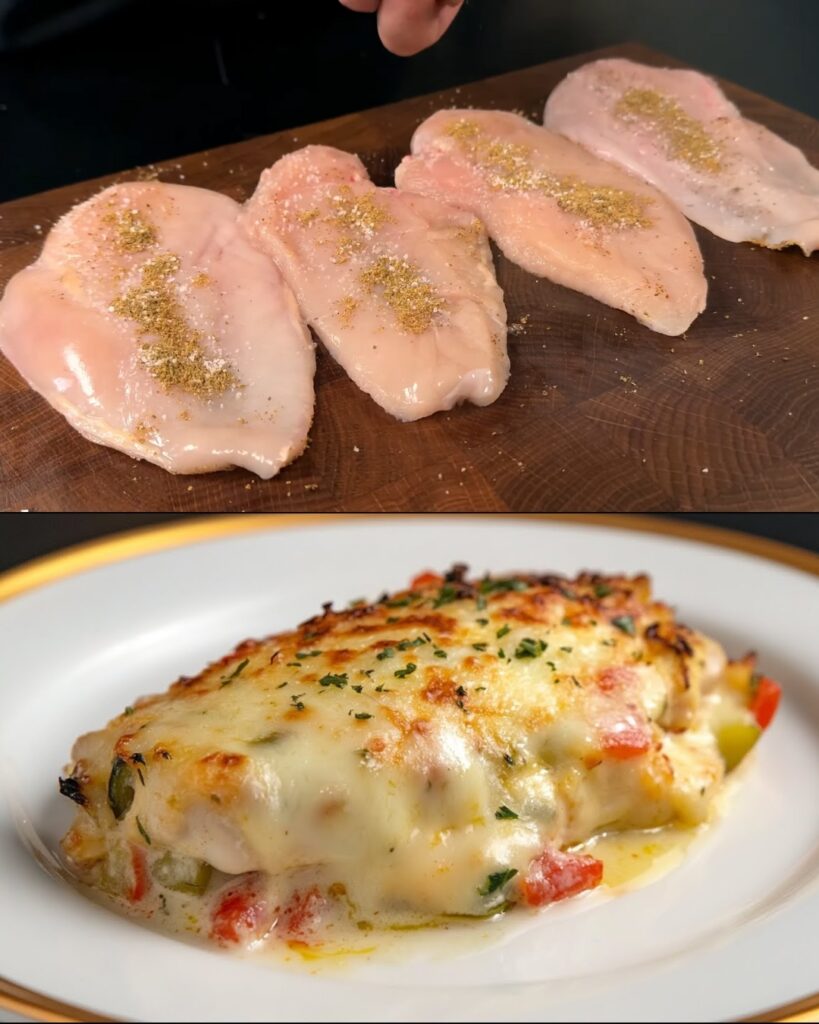 Creamy Baked Chicken with Vegetables and Mushroom Potato Garnish