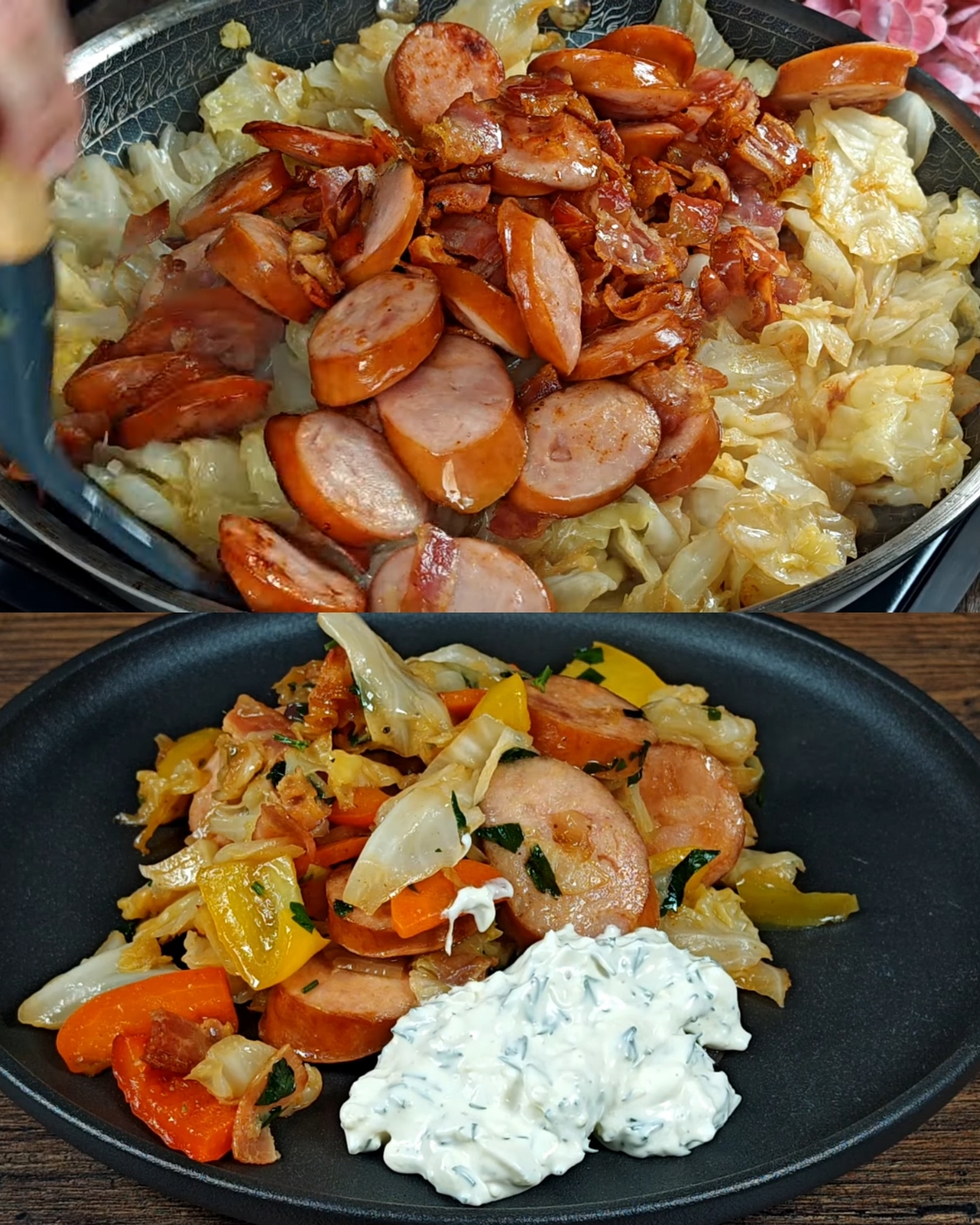 Hearty Cabbage Skillet with Sausage, Bacon, and Creamy Egg Sauce