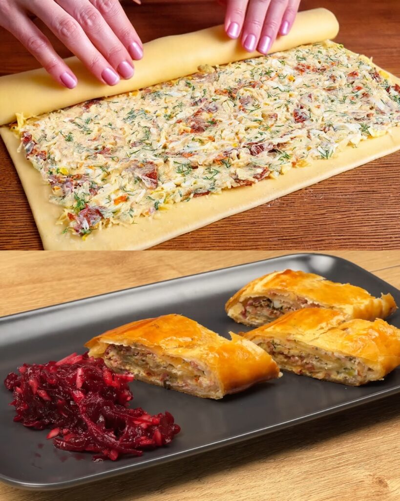 Savory Puff Pastry Tart with Cream Cheese, Bacon, Salami, and Sugar Beets