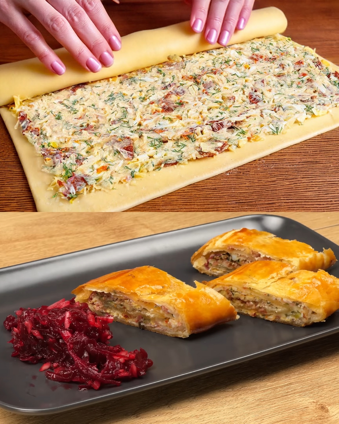 Savory Puff Pastry Tart with Cream Cheese, Bacon, Salami, and Sugar Beets