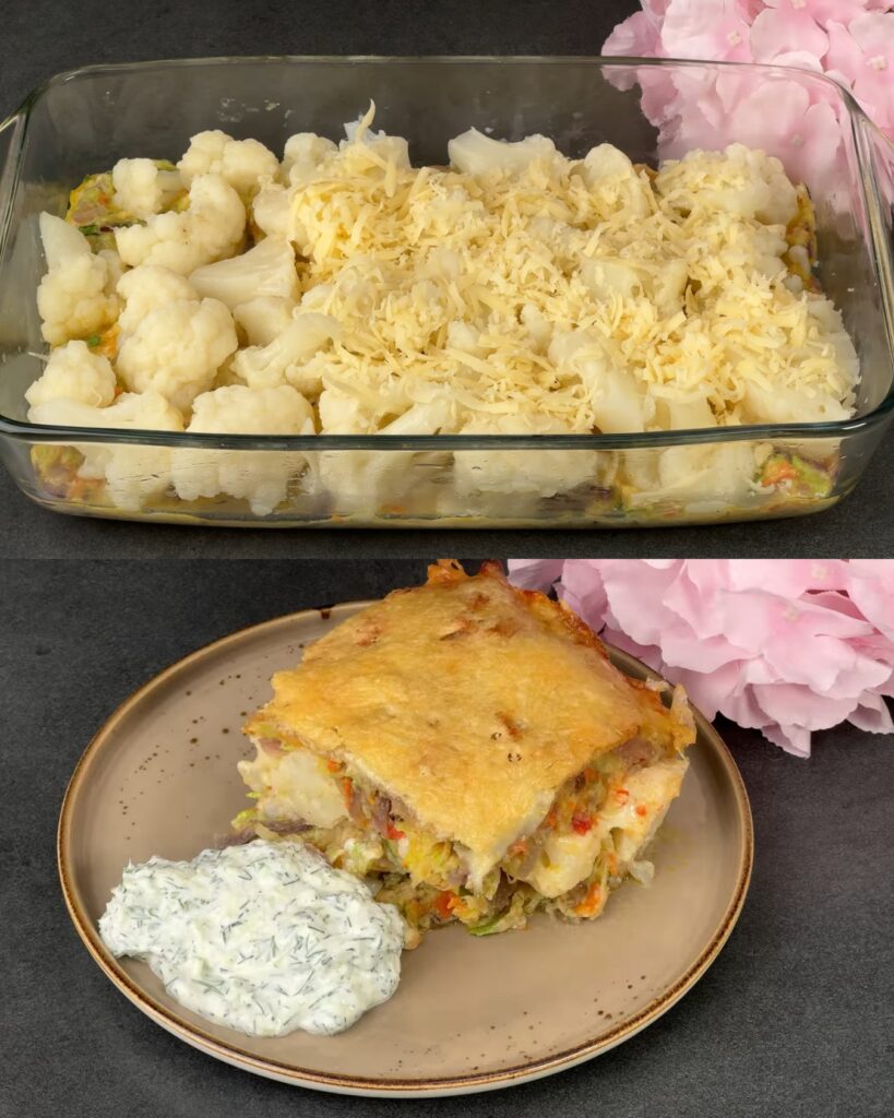 Zucchini, Potato, and Cauliflower Bake with Cucumber Yogurt Sauce
