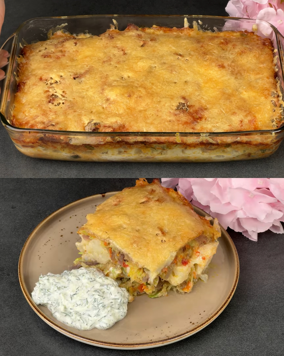 Zucchini, Potato, and Cauliflower Baked with Cucumber Yogurt Sauce