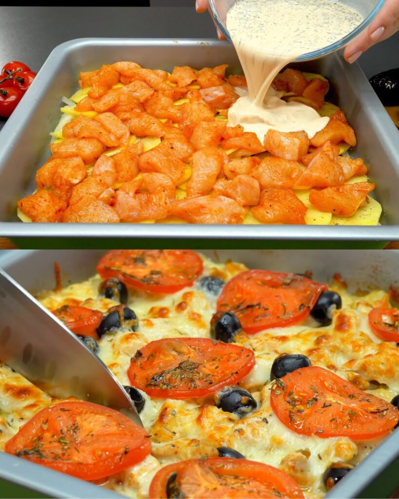Layered Chicken and Potato Bake with Creamy Chinese Cabbage Salad