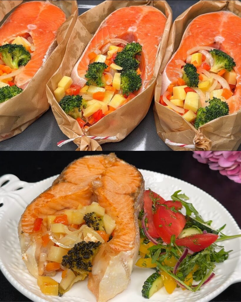 Baked Salmon Steaks with Roasted Vegetables and Fresh Salad