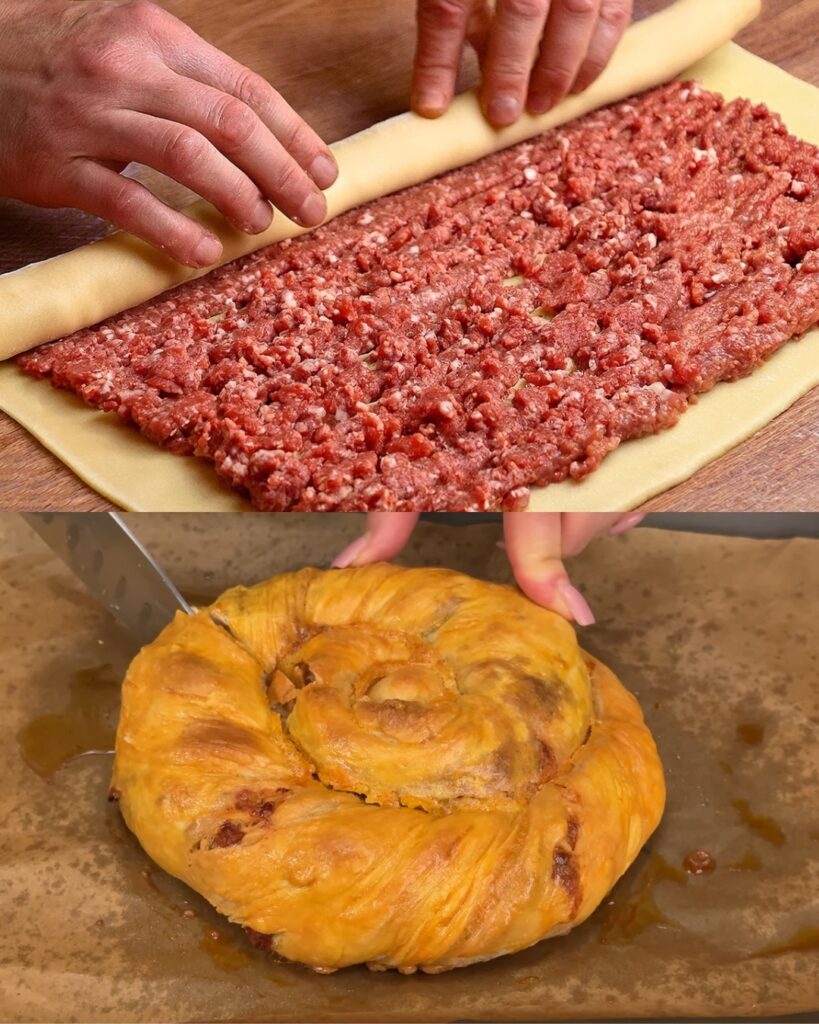 Stuffed Puff Pastry with Minced Meat, Cheese, and Garlic Sauce