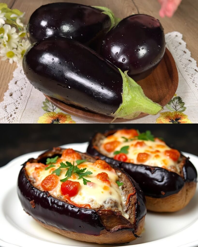 Baked Stuffed Eggplant with Ground Meat, Vegetables, and Mozzarella