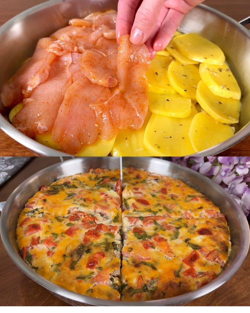 Layered Baked Chicken and Potato Casserole with Tomatoes, Mushrooms, and Creamy Herb Topping
