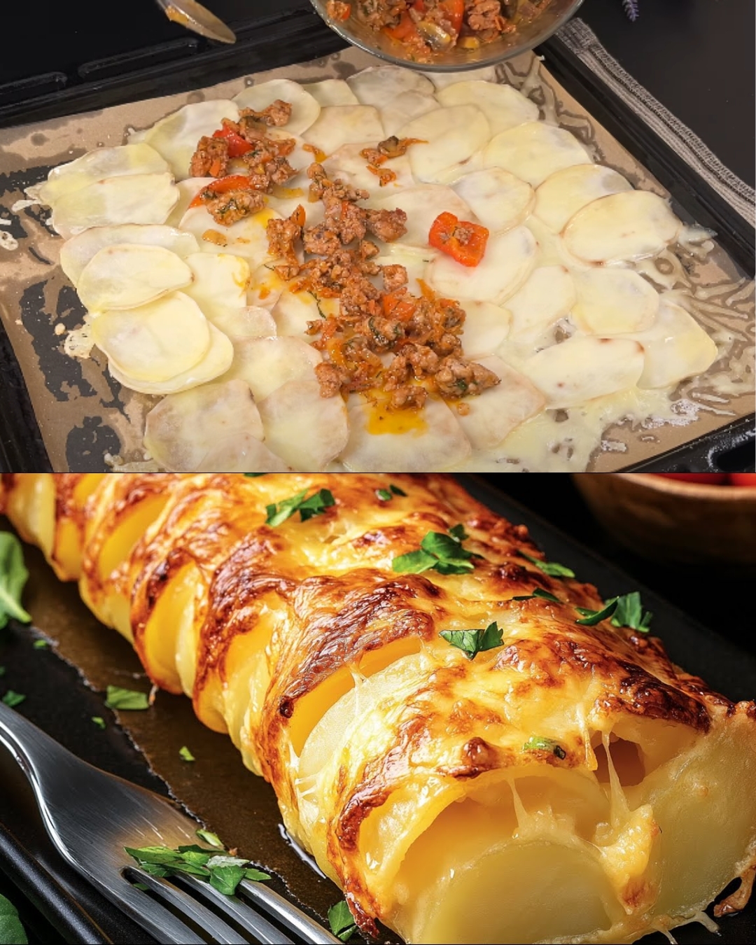Baked Potato and Pork Casserole with Mozzarella, Veggies, and Creamy Garlic-Dill Sauce
