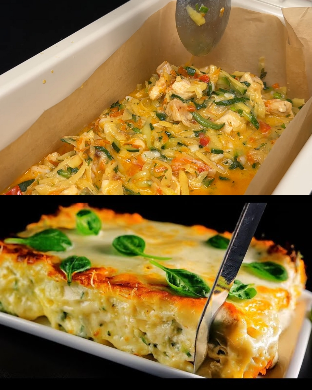 Baked Chicken and Vegetable Casserole with Spinach, Zucchini, and Mozzarella