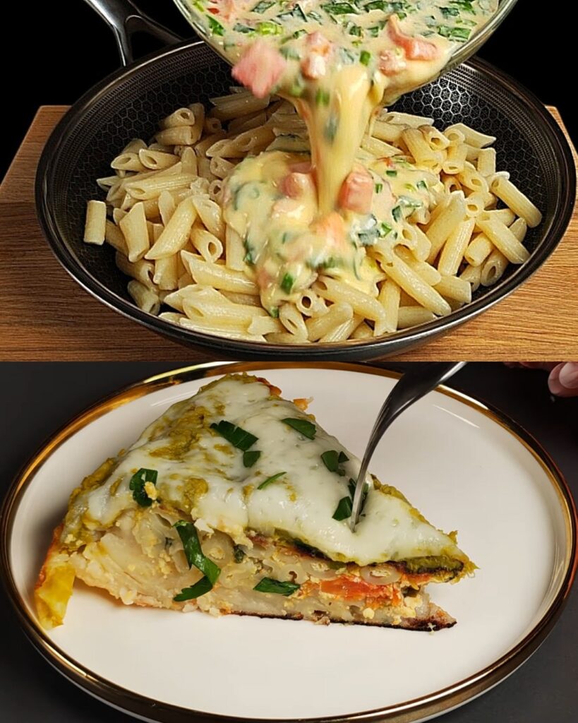 Baked Creamy Pasta Frittata with Eggs, Cheese, and Peas