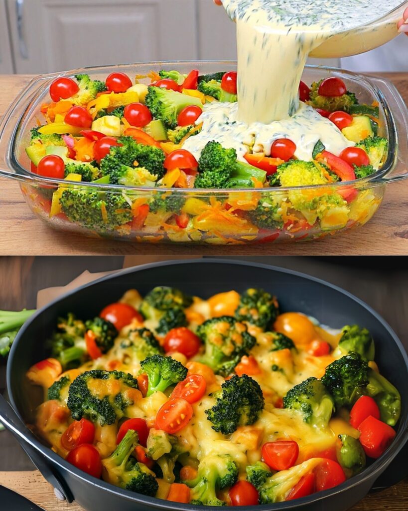 Creamy Baked Broccoli and Kale with Tomatoes and Mozzarella
