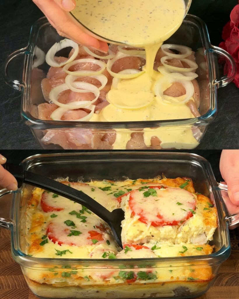 Cheesy Baked Chicken with Creamy Egg-Yogurt Crust and Mozzarella Tomato Topping