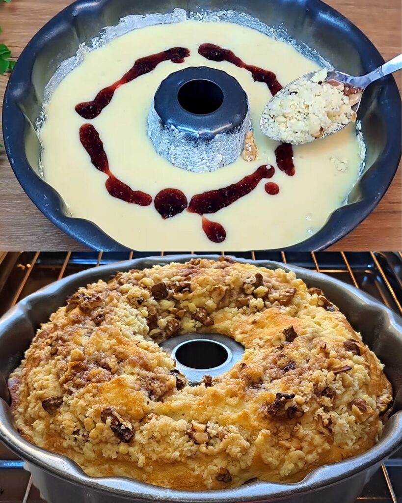 Soft Vanilla Jam Cake with Walnut Streusel Topping