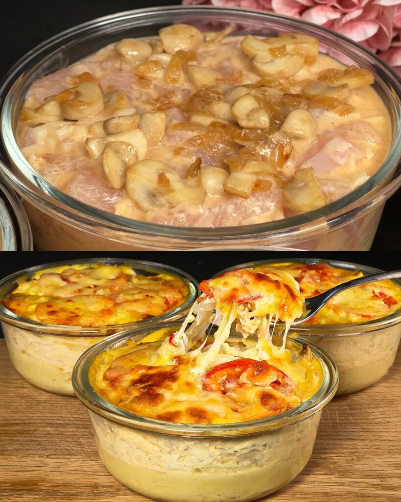 Layered Chicken and Potato Bake with Mushrooms, Cheese, and Tomato