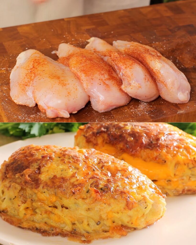 Crispy Potato-Crusted Stuffed Chicken Breast with Creamy Garlic Sauce