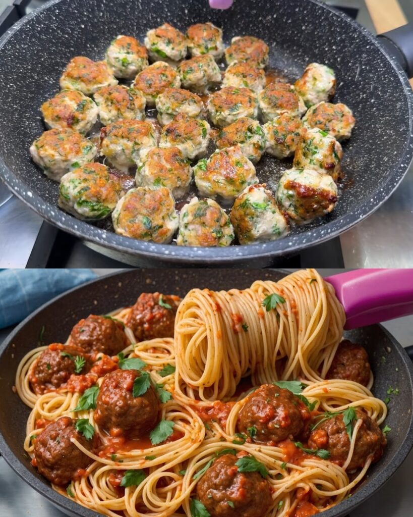Spaghetti with Homemade Meatballs in Herbed Tomato Sauce