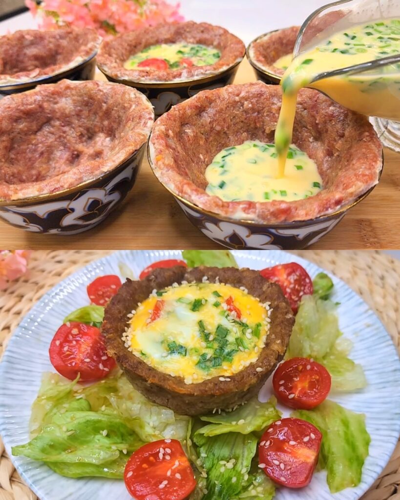 Mini Meatloaf Muffins with Cheese-Tomato Egg Topping and a Fresh Cabbage Salad
