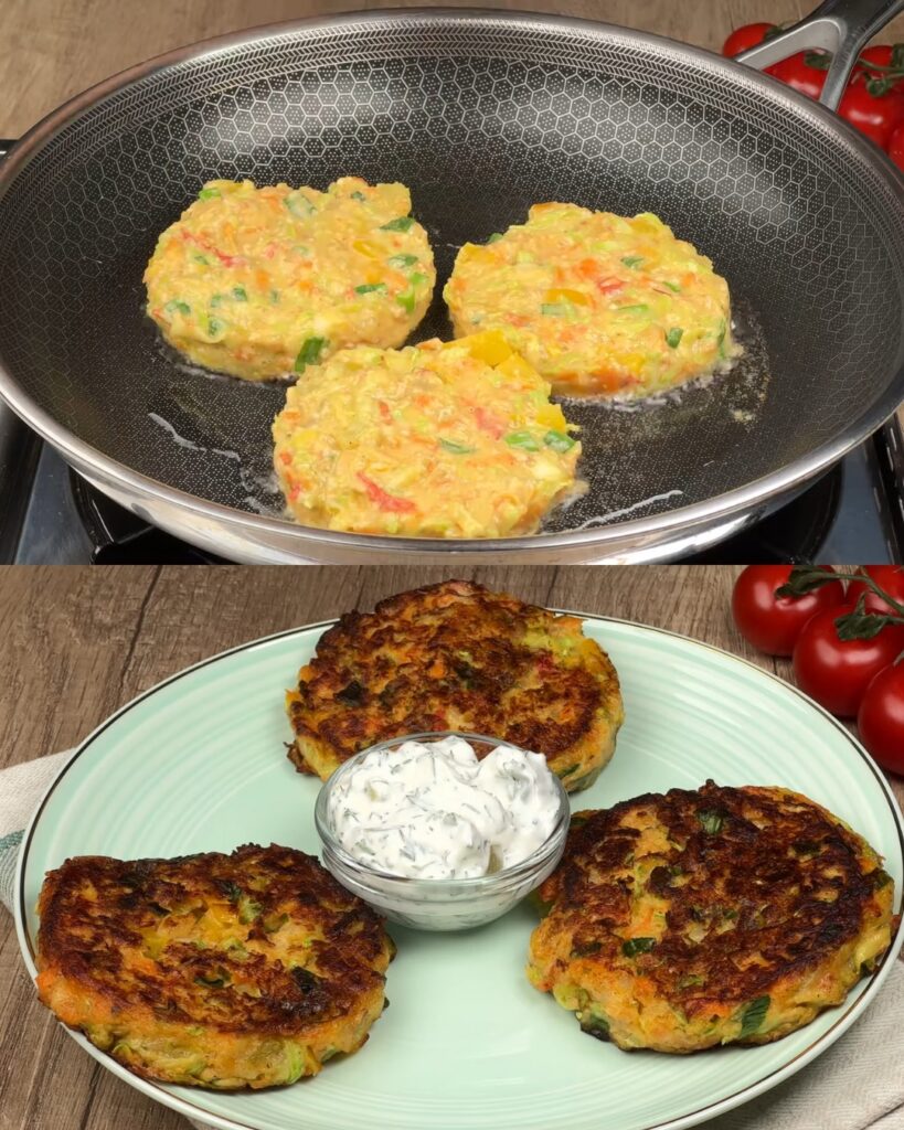 Zucchini‑Oat Fritters with Veggie‑Loaded Filling & Creamy Dill Sauce finished dish