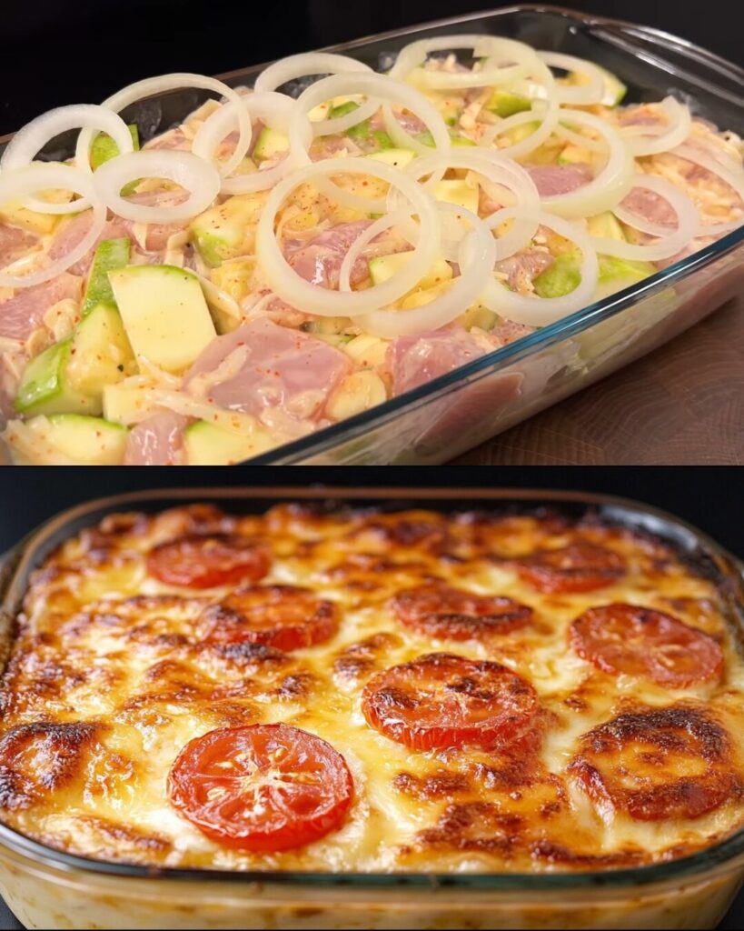 Cheesy Baked Chicken and Vegetable Casserole with Avocado Tomato Salad