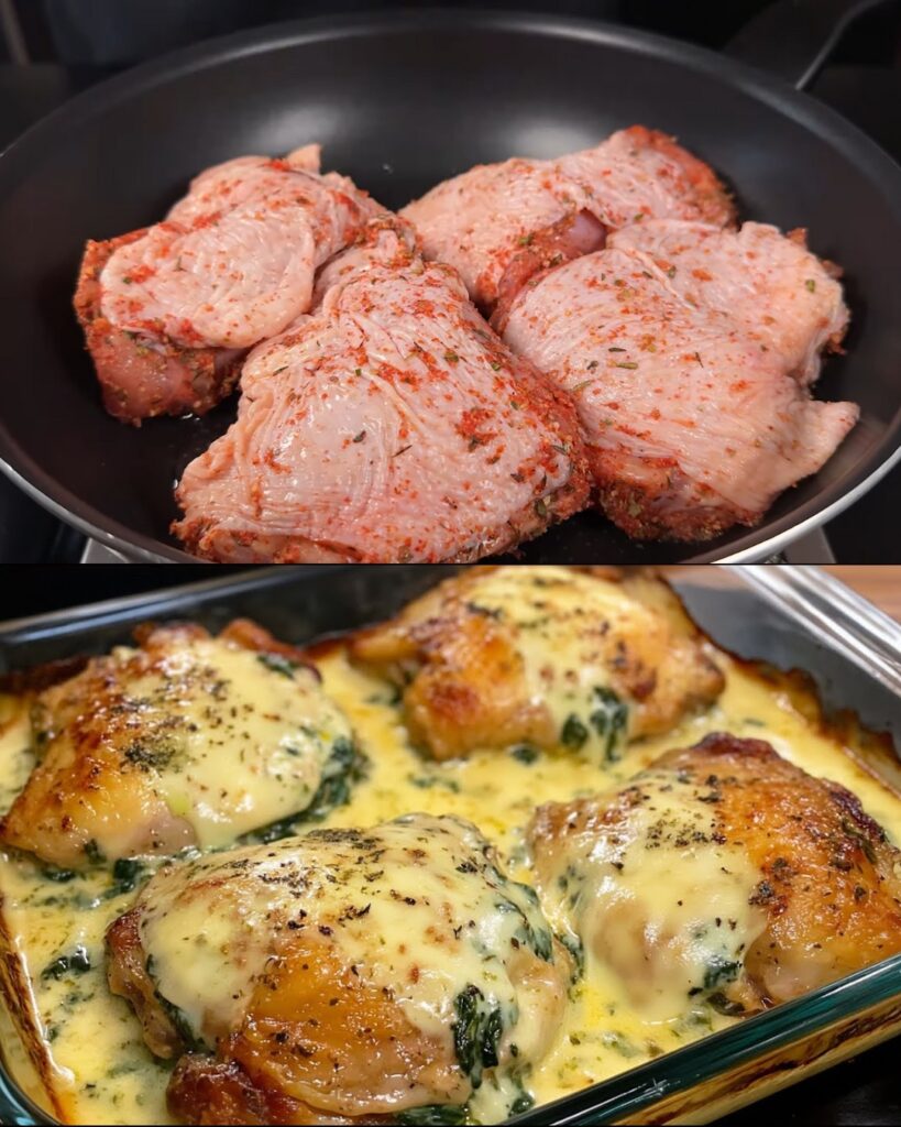 Herb-Marinated Chicken Thighs with Roasted Baby Potatoes and Creamy Spinach-Parmesan Sauce