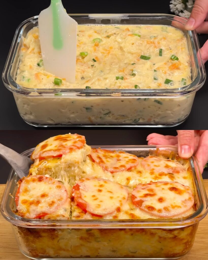 Savory Potato, Carrot & Chive Casserole with Mozzarella-Tomato Topping finished dish