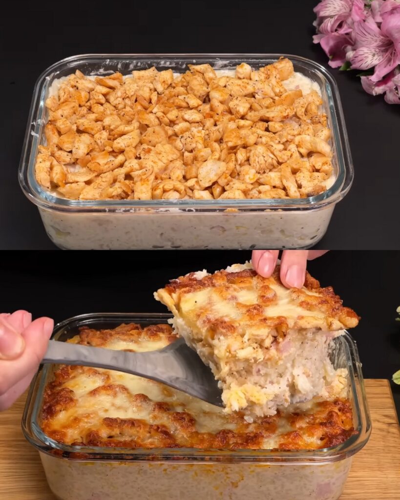 Chicken, Ham & Rice Casserole with Creamy Mozzarella Sauce