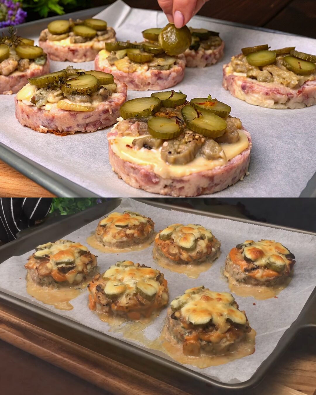 Homemade Baked Meatball Patties with Mushroom-Onion Melt & Fresh Garden Slaw