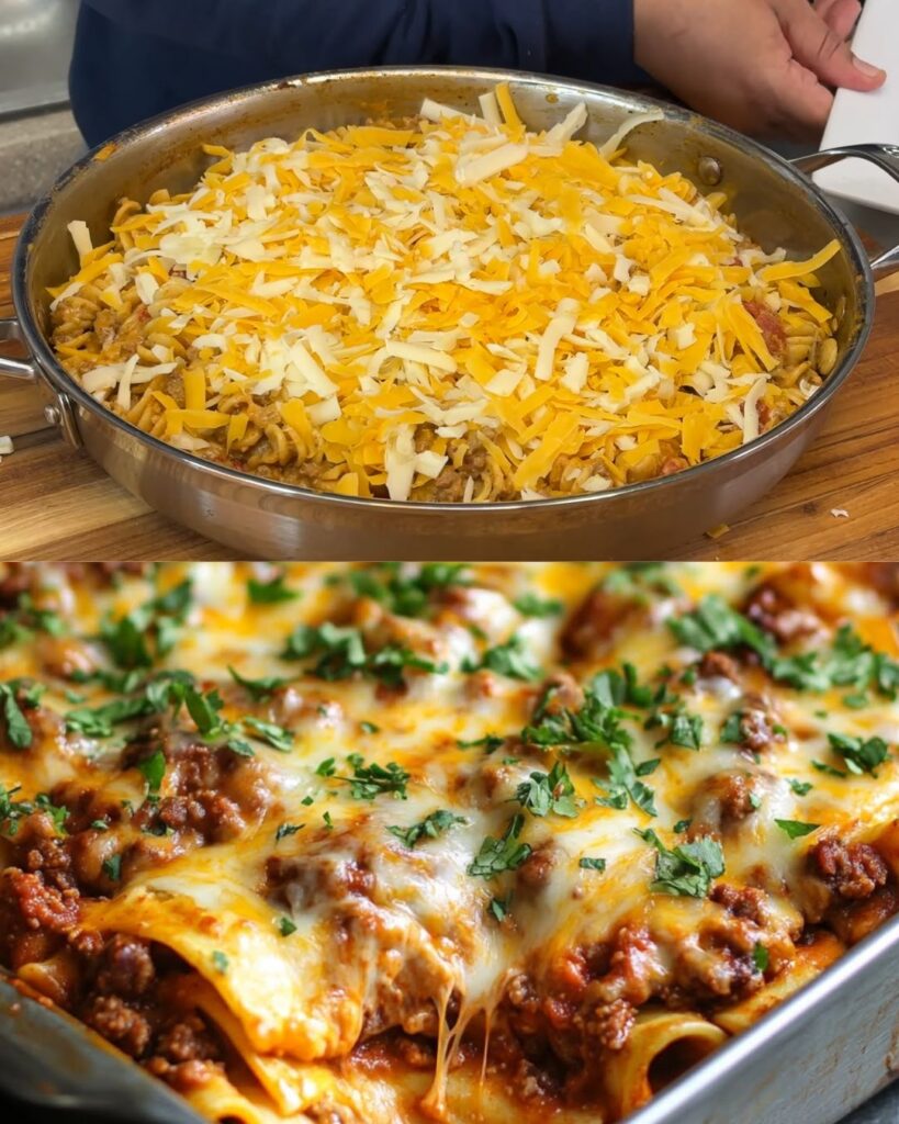 One-Pan Cheesy Beef Enchilada Pasta Bake