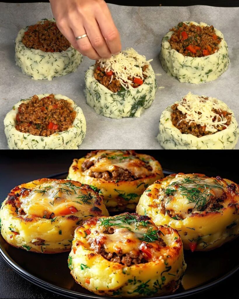 Cheesy Beef-Stuffed Potato Nests with Mediterranean Veggie Salad