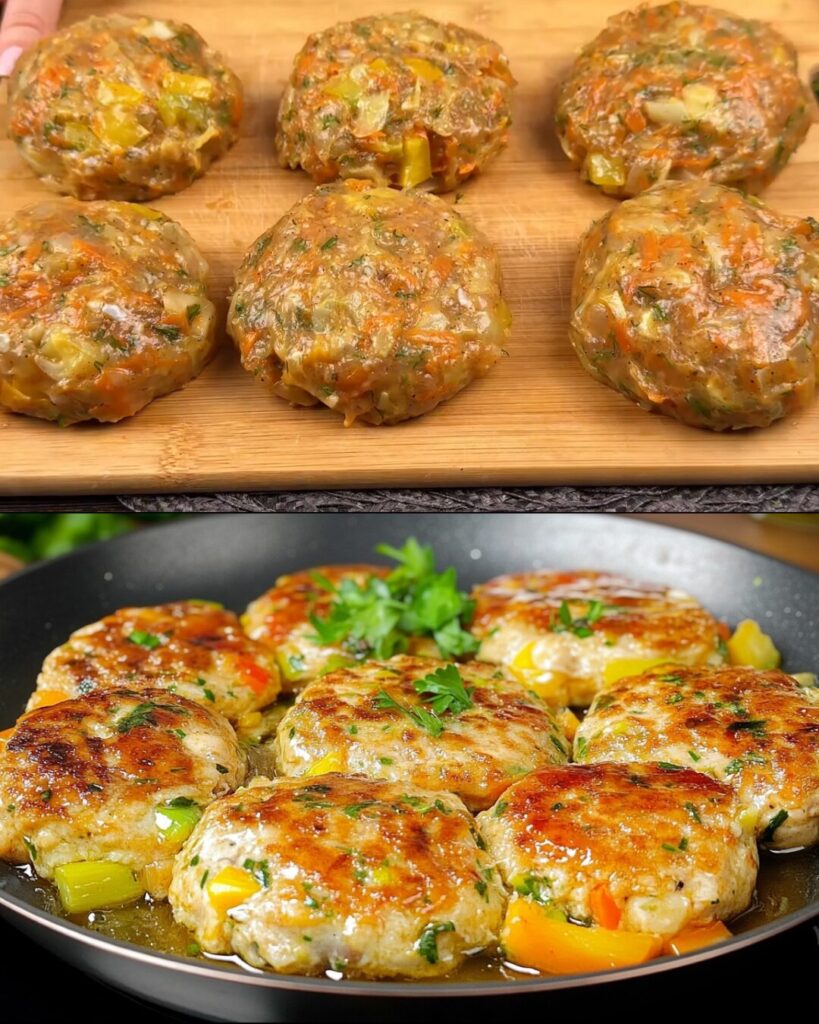 Rustic Meat & Vegetable Cutlets with Stewed Cabbage & Quick-Pickled Onion Salad