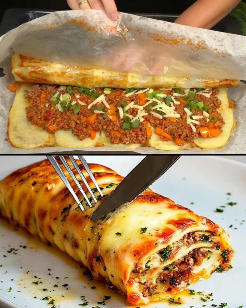 Cheesy Beef and Giant Potato Roll with Fresh Vegetable Salads