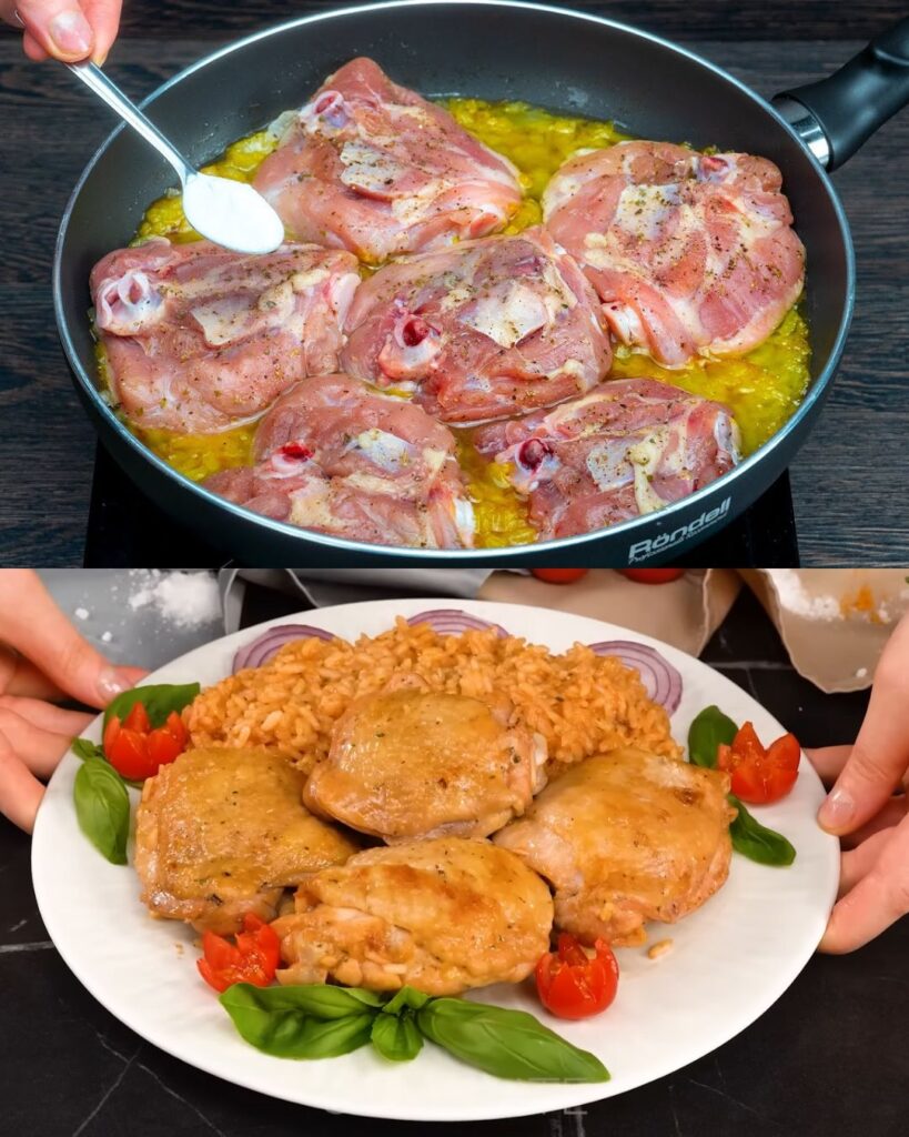 Herb-Infused Roasted Chicken Legs with Tomato Rice & Parmesan Iceberg Salad