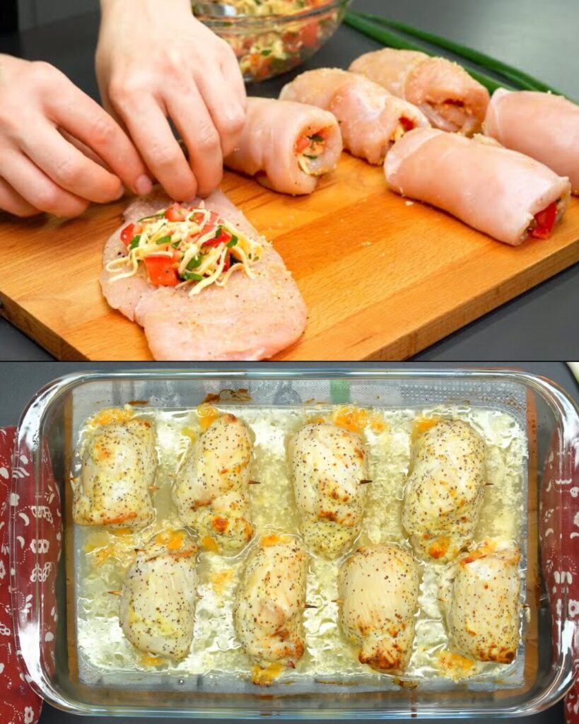 Cheesy Chicken Rolls with Herb-Roasted Potatoes and Creamy Tomato-Cucumber Salad