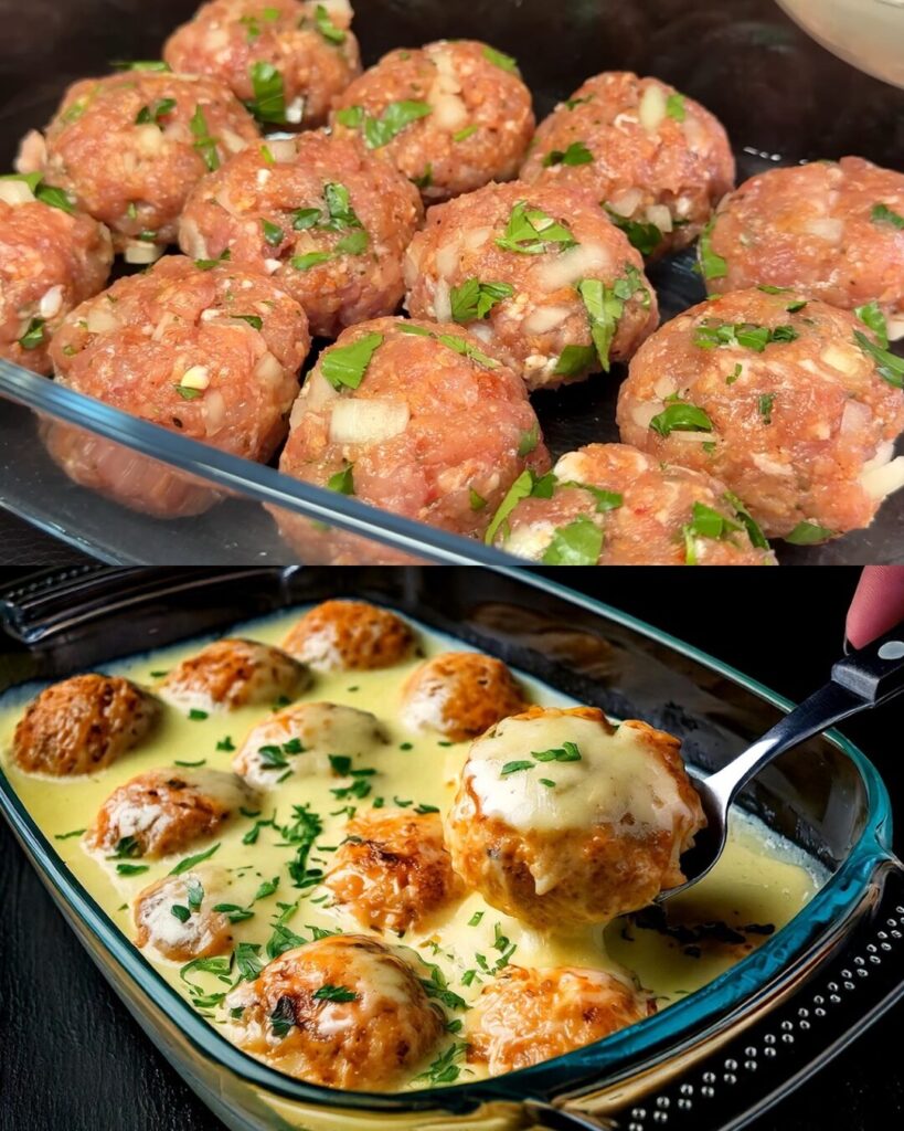 Baked Ground Pork and Potato Casserole with Creamy Herb Sauce and Bacon-Mushroom Topping