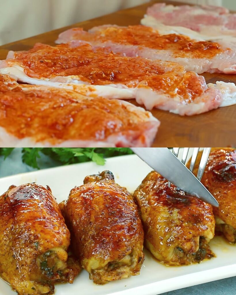 Cheese and Mushroom Stuffed Chicken Thigh Rolls with Sweet Chili Glaze