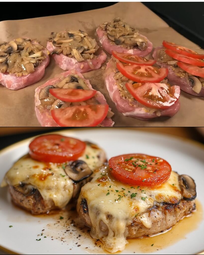 Baked Carbonade with Mushroom-Tomato Topping and Creamy Cheesy Potatoes