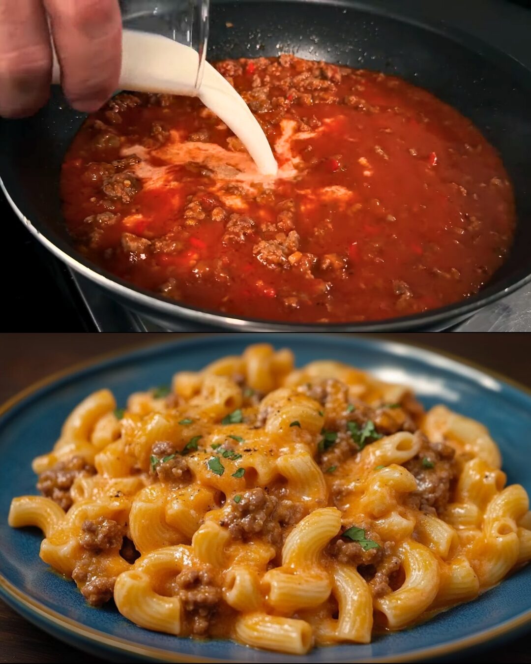 Creamy Pasta with Minced Meat, Mozzarella, and Fresh Cilantro