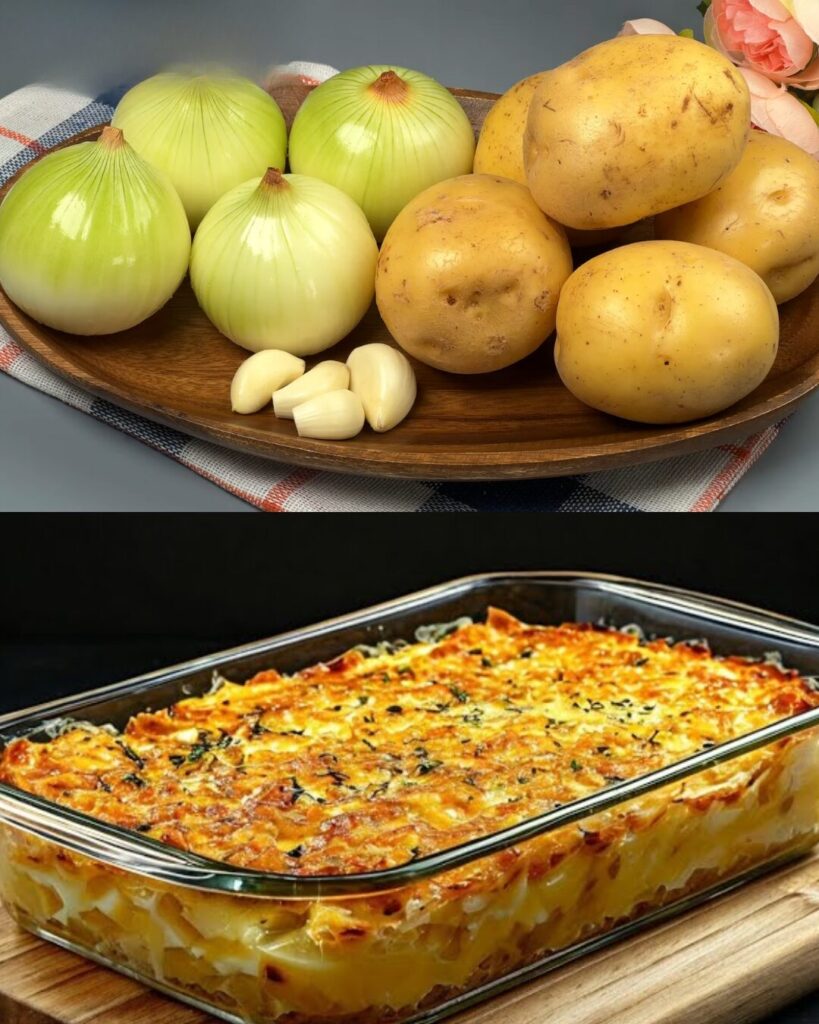 Creamy Potato and Onion Gratin with Cheese and Fresh Salad