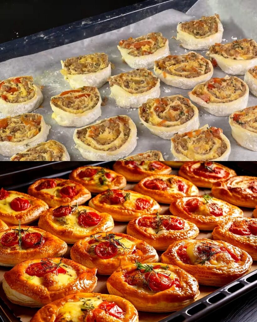 Cheesy Ground Beef Puff Pastry Mini Rolls with Garlic Dill Sauce