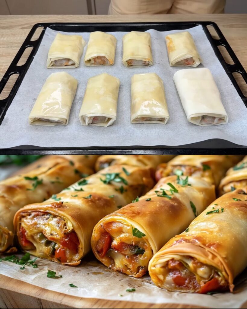 Crispy Phyllo Eggplant Rolls with Tomato, Garlic, and Cheese