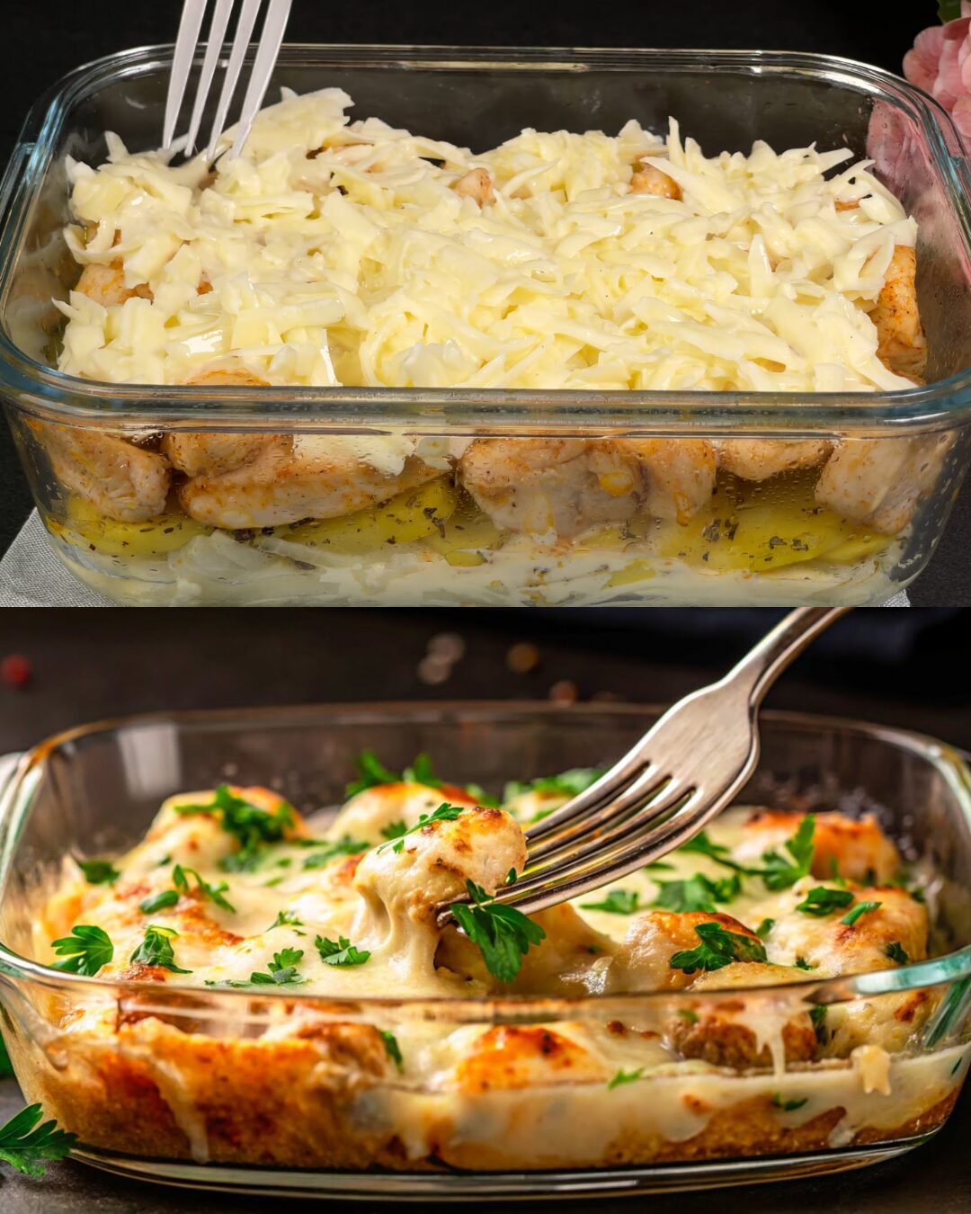 Baked Chicken and Potato Casserole with Creamy Yogurt Egg Base and Herbed Garlic Butter