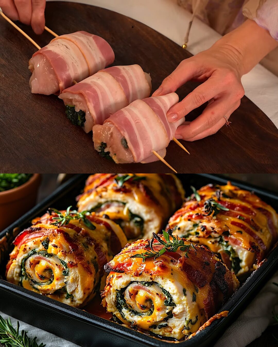 Garlic‑Roasted Chicken Roulades Wrapped in Bacon with Rosemary Mashed Potatoes