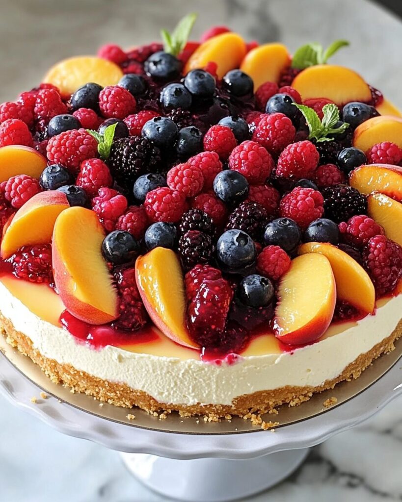 Summer Berry and Peach Cheesecake finished dish