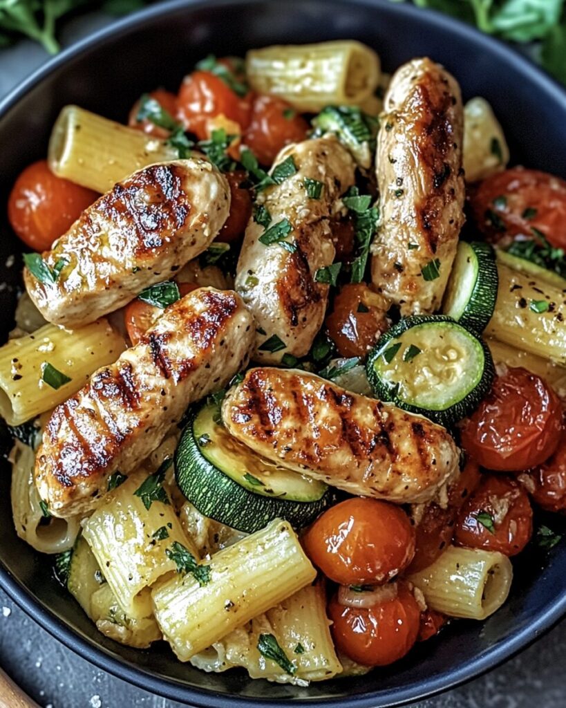Chicken Sausages with Zucchini, Tomatoes, and Pasta finished dish