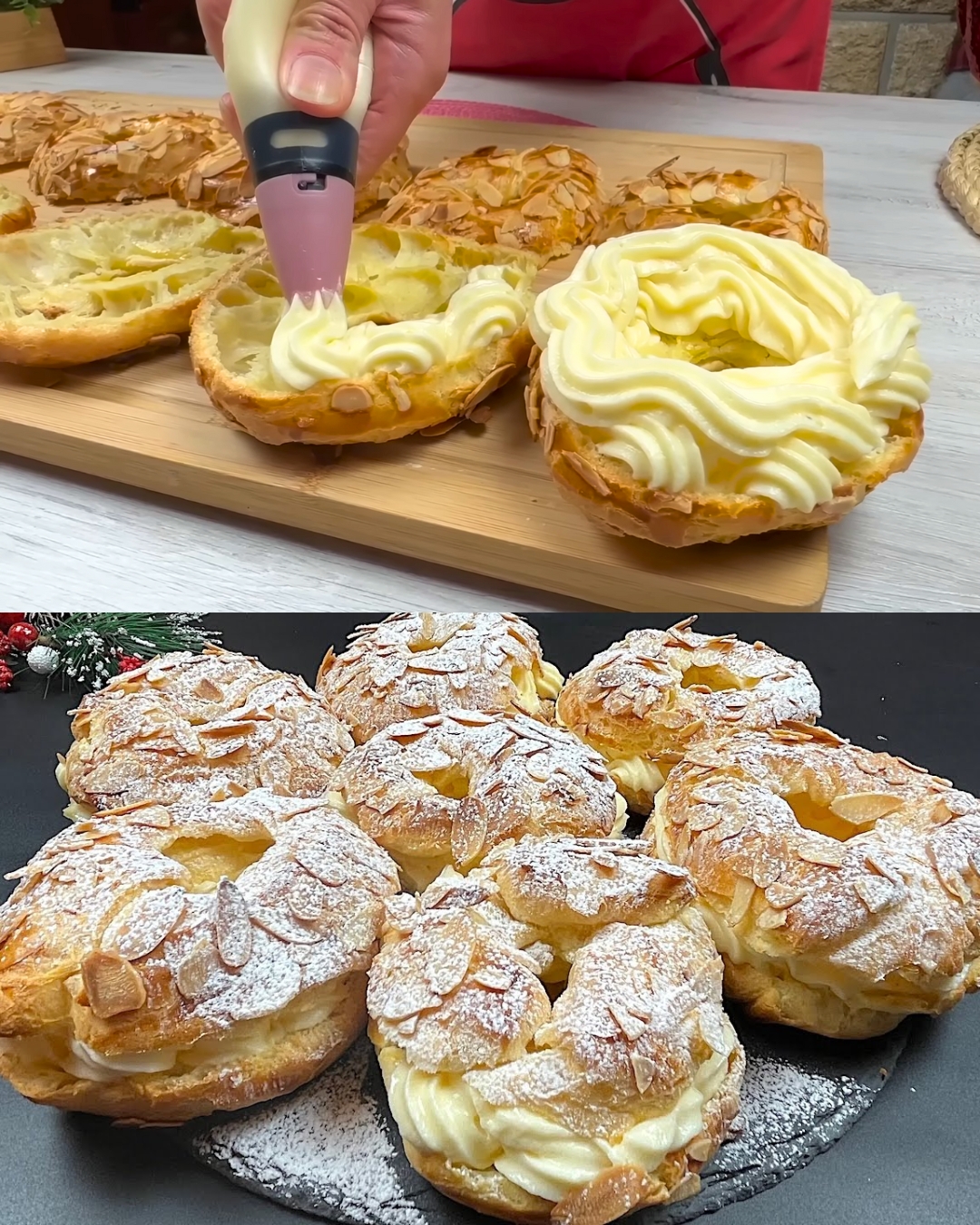 Layered Custard, Jam, and Meringue Almond Cake