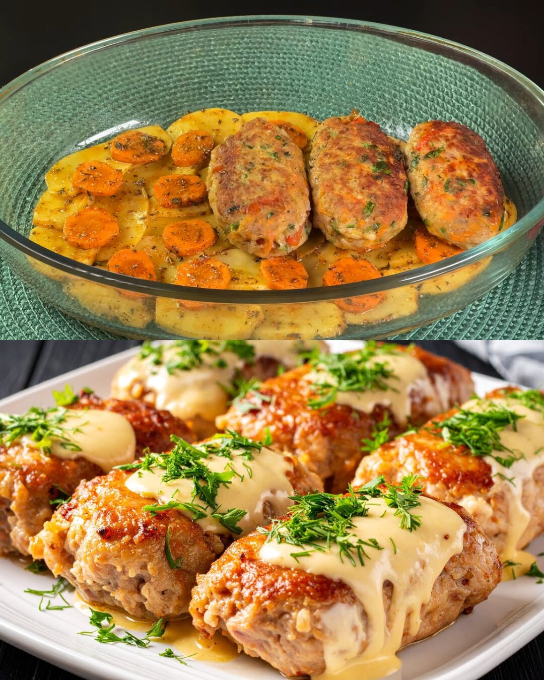Ground Beef Cutlets with Potatoes, Carrots, and Creamy Garlic Sauce
