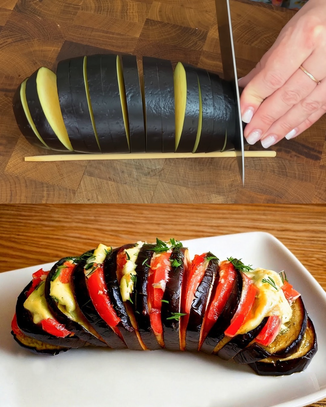 Mediterranean-Style Baked Eggplant with Tomato, Cheese & Avocado-Garlic Cream