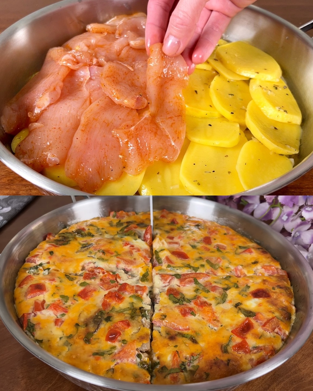 Creamy Chicken & Potato Casserole with Onion–Mushroom Sauté and Fresh Side Salad